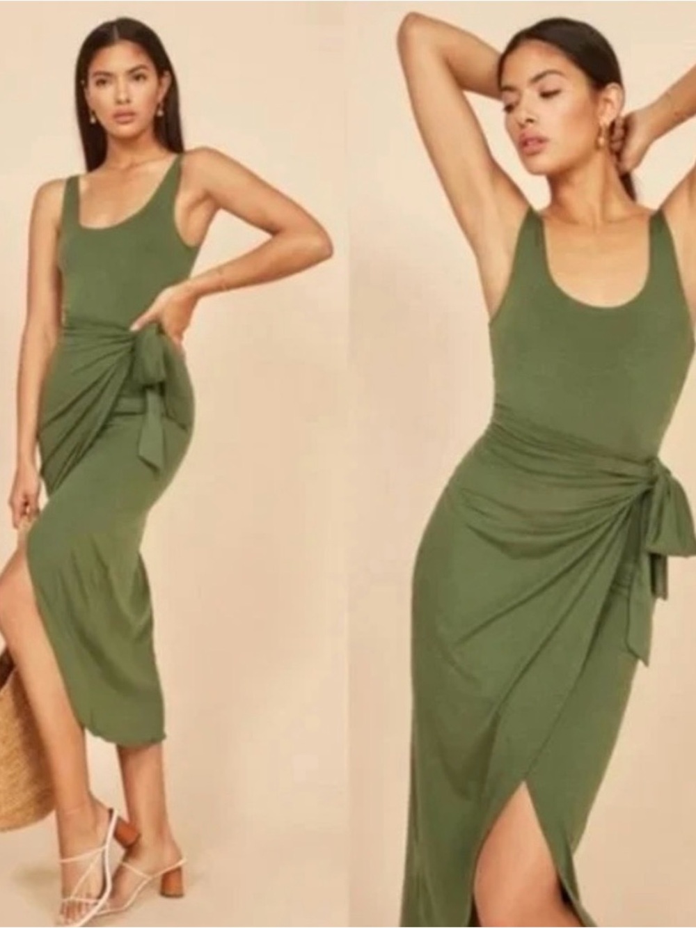 Reformation Olive Green Scoop-Neck Midi Dress with Side Tie